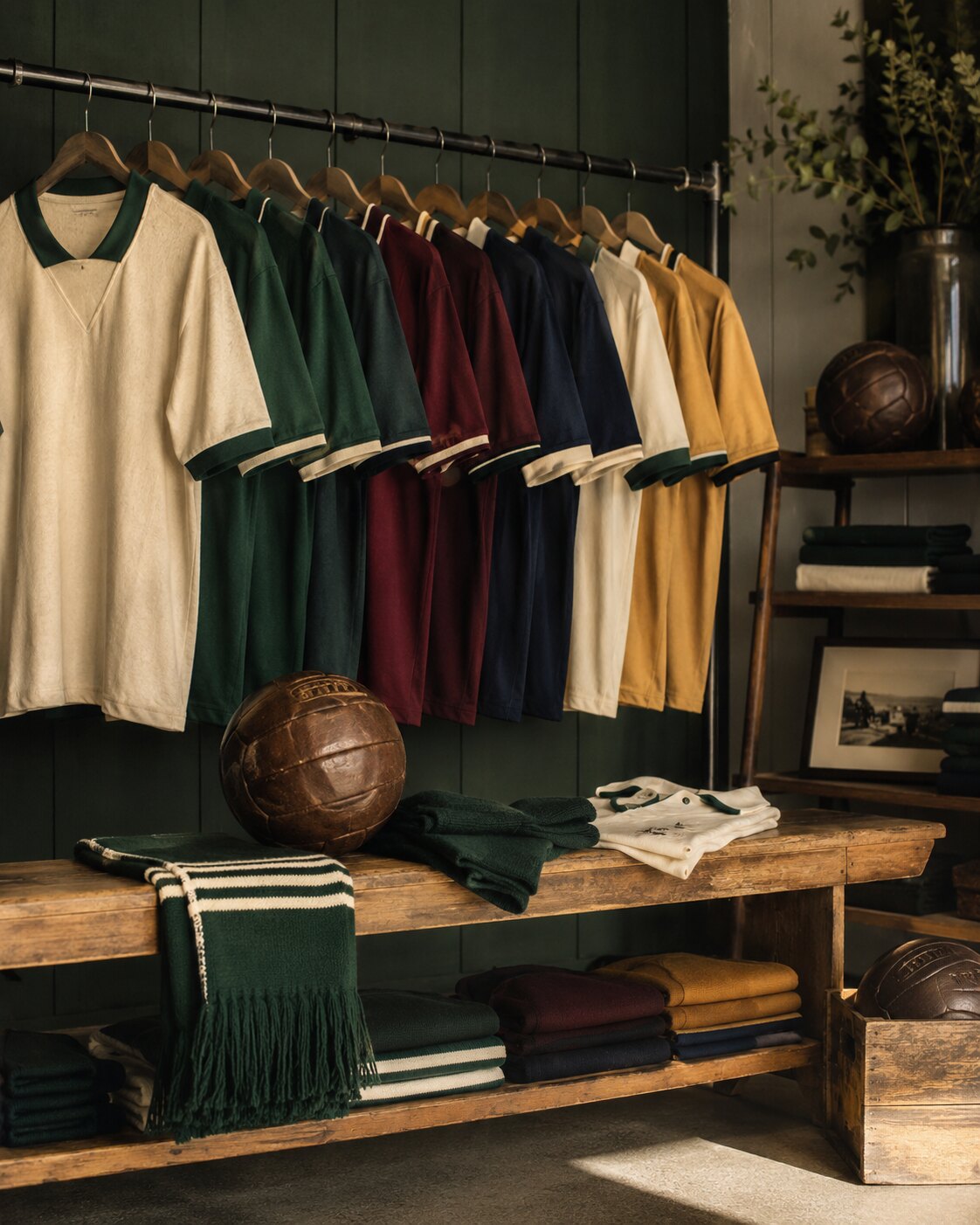 Retro fotballtrøyer i en stilren butikk